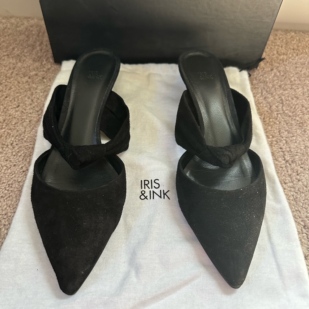 Iris & Ink - Black Suede Knot Mule With Kitten Heel